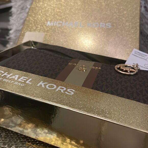 Michael kors signature jacquard belt bag/fanny pack stripe leather logo L/XL - Picture 6 of 10